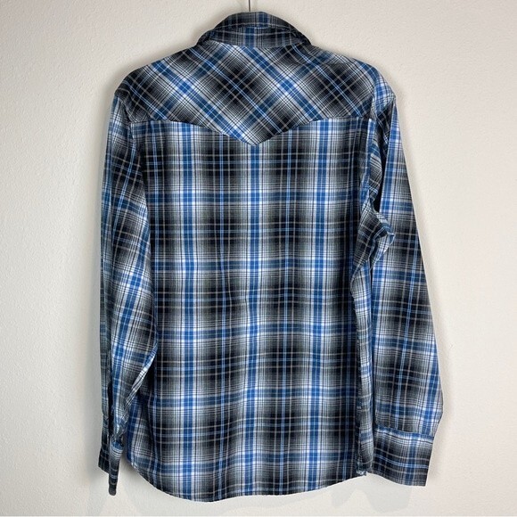 Vintage Wrangler Blue Black Plaid Pearl Snap Long Sleeve Shirt L - Picture 2 of 6